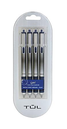 TUL® GL Series Retractable Gel Pens, Needle Point, 0.7 mm, Silver Barrel, Blue Ink, Pack Of 4 Pens