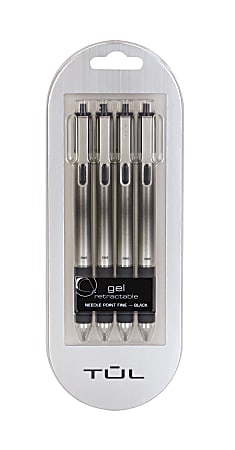 TUL® GL Series Retractable Gel Pens, Needle Point, 0.7 mm, Silver Barrel, Black Ink, Pack Of 4 Pens