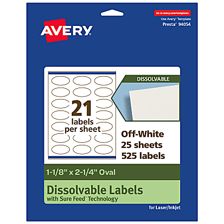 Avery® Print-to-the-Edge Dissolvable Labels With Sure Feed® Technology, 94054-DWMP25, Oval, 1-1/8"x2-1/4", Matte Off-White, Pack Of 525