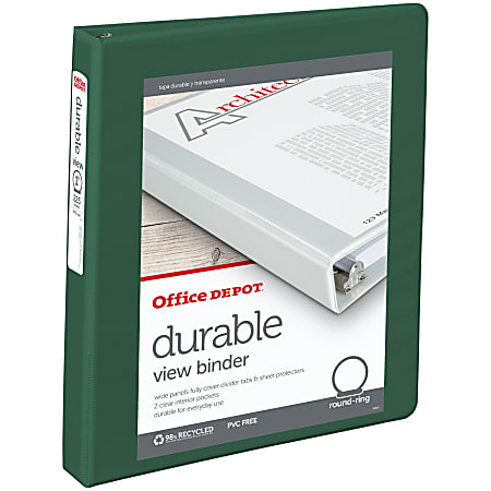 Office Depot® Brand Durable View 3-Ring Binder, 1" Round Rings, 49% Recycled, Dark Green