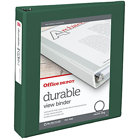 Office Depot® Brand Durable View 3-Ring Binder, 1 1/2" Round Rings, 49% Recycled, Dark Green