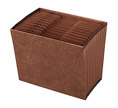 Office Depot&reg; Brand Faux Leather Expanding File, Jan-Dec, 12 Pockets, Letter Size (8-1/2" x 11"), 1" Expansion, Brown