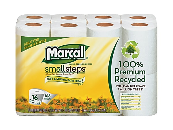 Marcal® Small Steps 2-Ply Bathroom Tissue, 4 5/16" x 3 11/16", 100% Recycled, White, 168 Sheets Per Roll, Pack Of 16 Rolls