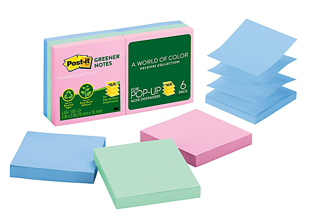 Post it® Greener Pop up Notes, 100% Recycled, 3" x 3", Helsinki, Pack Of 6 Pads