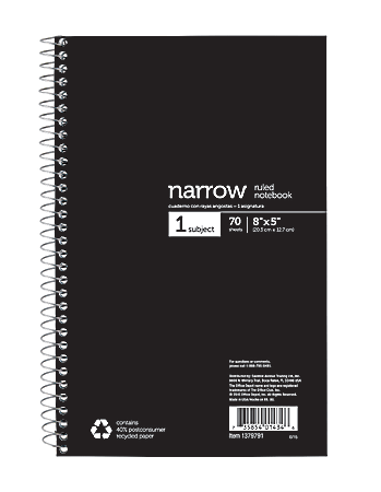 OfficeMax® Brand Notebook, 5" x 8", 1 Subject, Narrow Rule, Black