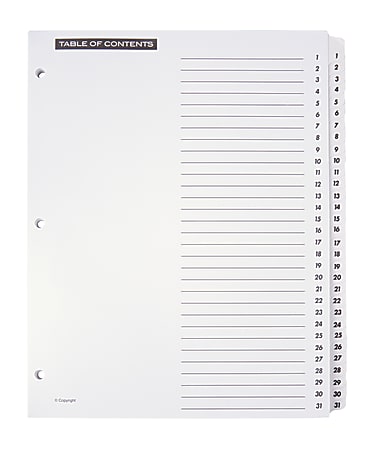 OfficeMax® Brand Preprinted Index Dividers, Numbers 1-31, 8 1/2" x 11", 30% Recycled, Black/White, Set Of 31