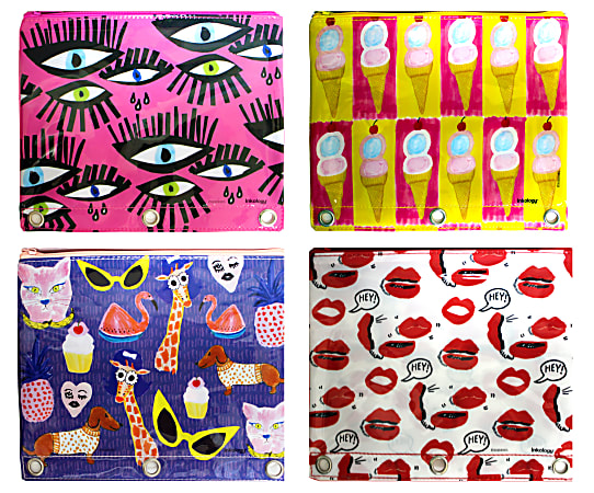 Inkology Bouffants & Broken Hearts Binder Pencil Pouches, Assorted Colors, Pack Of 8 Pouches