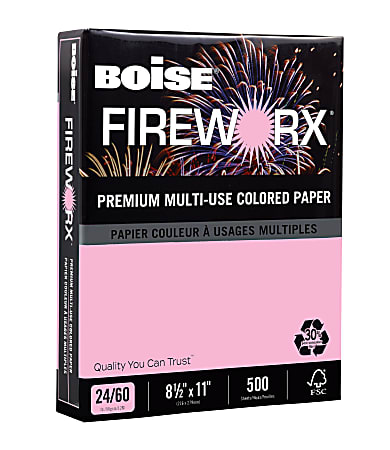 Boise® FIREWORX® Color Multi-Use Printer & Copy Paper, Powder Pink, Letter (8.5" x 11"), 500 Sheets Per Ream, 24 Lb, 30% Recycled, FSC® Certified