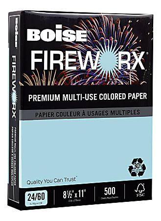 Boise® FIREWORX® Color Multi-Use Printer & Copier Paper, Letter Size (8 1/2" x 11"), Ream Of 500 Sheets, 24 Lb, 30% Recycled, FSC® Certified, Bottle Rocket Blue