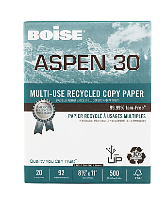 Boise® ASPEN® 30 3-Hole Punched Multi-Use Printer & Copy Paper, White, Letter (8.5" x 11"), 500 Sheets Per Ream, 20 Lb, 92 Brightness, 30% Recycled, FSC® Certified