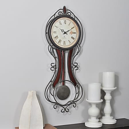 FirsTime® Grand Pendulum Fleur De Lis Clock, 24"H x 9 1/2"W x 3"D, Black/Bronze/Mahogany