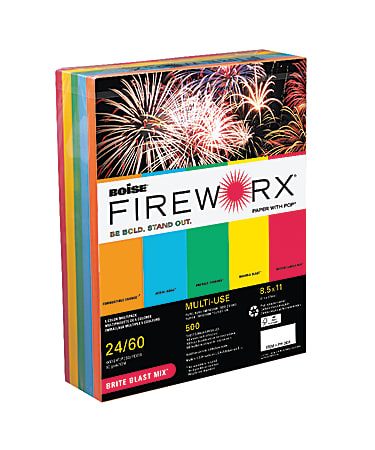 Boise Fireworx Multi-Use Color Paper, Letter Size Paper, 24 Lb, 30% Recycled, Assorted Colors, 500 Sheets