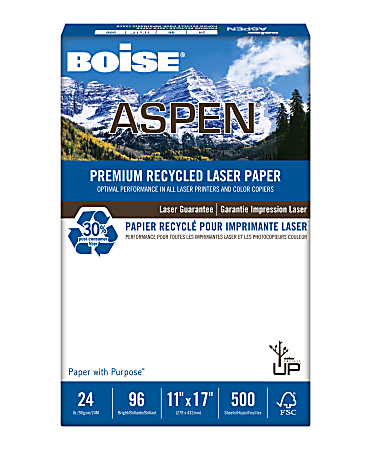 Boise® ASPEN® Laser Paper, Ledger Size (11" x 17"), 96 (U.S.) Brightness, 24 Lb, 30% Recycled, FSC® Certified, White, Ream Of 500 Sheets