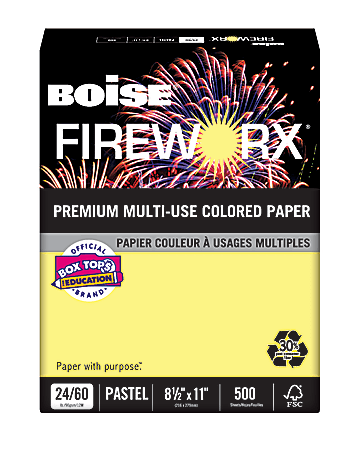 Boise® FIREWORX® Multi-Use Color Paper, Letter Paper Size, 24 Lb, 30% Recycled, FSC® Certified, Crackling Canary, 500 Sheets Per Ream, Case Of 10 Reams