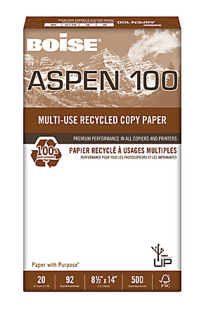 Boise® ASPEN® 100 Multi-Use Printer & Copy Paper, White, Legal (8.5" x 14"), 500 Sheets Per Ream, 20 Lb, 92 Brightness, 100% Recycled, FSC® Certified