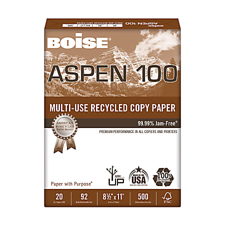 Boise® ASPEN® 100 Multi-Use Printer & Copy Paper, White, Letter (8.5" x 11"), 500 Sheets Per Ream, 20 Lb, 92 Brightness, 100% Recycled, FSC® Certified