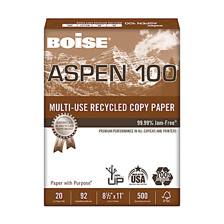 Boise® ASPEN® 100 Multi-Use Printer & Copy Paper, 1 Ream, White, Letter Size, 500 Sheets Per Ream, 20 Lb, 92 Brightness - 54922