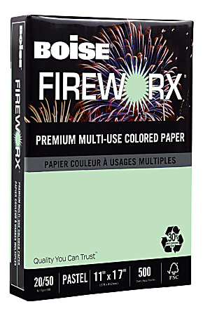 Boise® FIREWORX® Colored Multi-Use Print & Copy Paper, Ledger Size (11" x 17"), 20 Lb, 30% Recycled, FSC® Certified, Popper-Mint Green, Ream Of 500 Sheets