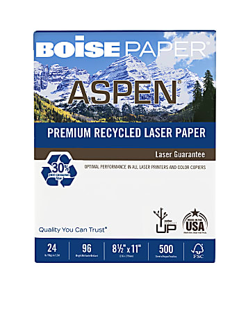 Boise ASPEN® Laser Paper, White, Letter Size (8 1/2" x 11"), Ream Of 500 Sheets, 30% Recycled, FSC® Certified, 24 Lb, 96 Brightness