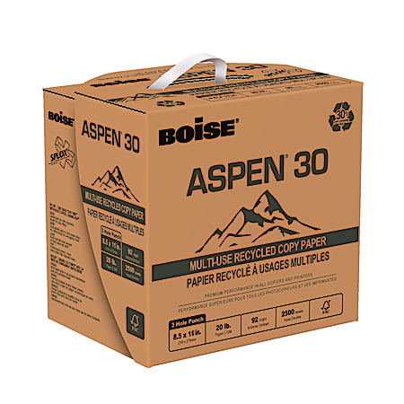 Boise® ASPEN® 30 SPLOX® Paper, Multi-Use Paper, 3-Hole Punched, Letter Size (8 1/2" x 11"), 92 (U.S.) Brightness, 20 Lb, 30% Recycled, FSC® Certified, Ream Of 2,500 Sheets