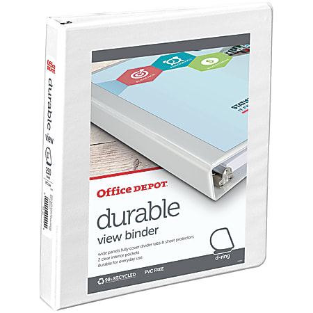 Office Depot® Brand Durable View Slant-Ring 3-Ring Binder, 1" Slant Rings, White