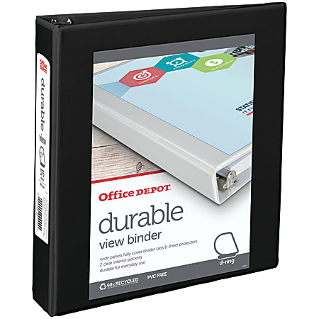 Office Depot® Brand Durable View 3-Ring Binder, 1 1/2" Round Rings, 49% Recycled, Black
