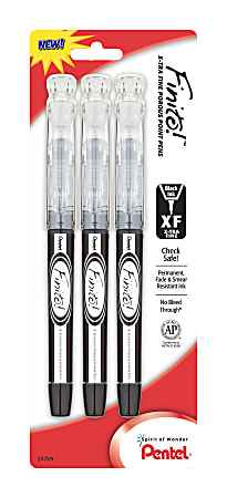 Pentel® Finito! Porous Point Pens, Extra-Fine Tip, 0.4 mm, Black Barrel, Black Ink, Pack Of 3
