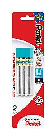 Pentel® Super Hi-Polymer Medium Line Lead Refills, 0.7 mm, H Hardness, Pack Of 36