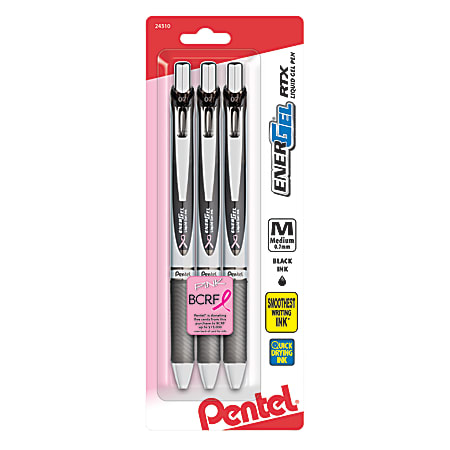 Pentel® EnerGel™ Deluxe RTX Retractable Liquid Gel Pens, Medium Point, 0.7 mm, 54% Recycled, Silver Barrel, Black Ink, Pack Of 3 Pens