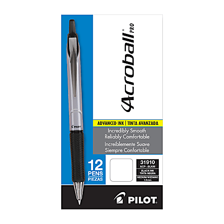 Pilot Acroball Pro Retractable Pens, Medium Point, 1.0 mm, Silver Barrel, Black Ink, Pack Of 12 Pens