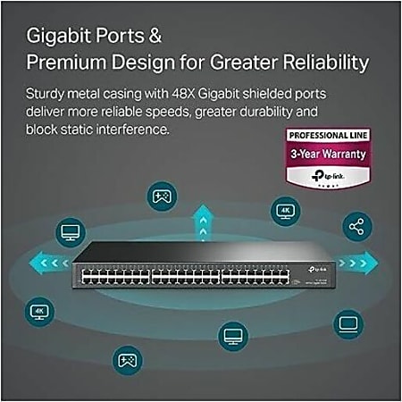 TP LINK TL SG1048 48 Port Gigabit Ethernet Switch Plug and Play Sturdy  Metal w Shielded Ports Rackmount Fanless Traffic Optimization Unmanaged  Black - Office Depot
