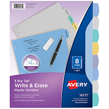 Avery® Durable Write-On Plastic Dividers With Erasable Tabs, 8 1/2" x 11", Multicolor, 8 Tabs