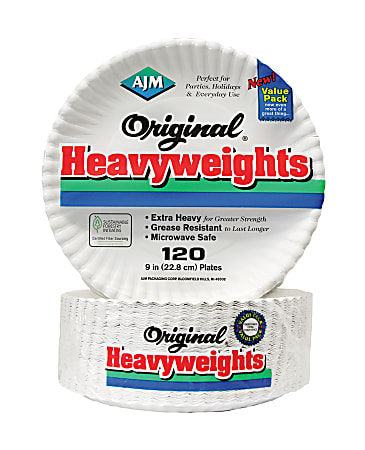 AJM Packaging Corporation Gold Label Coated Paper Plates, White, Pack Of 120 Plates