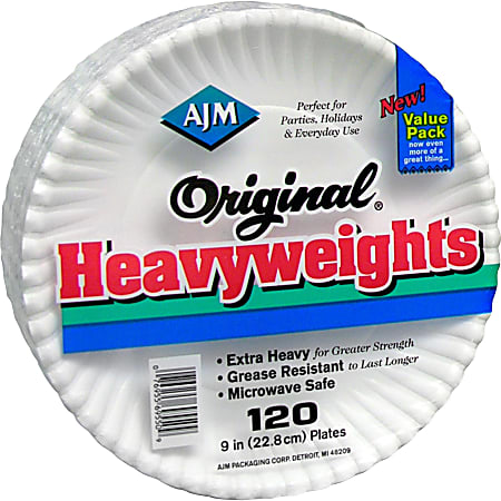 AJM Gold Label Coated Paper Plates 9" dia White 120/PK 8 PK/CT OH9AJBXWH 
