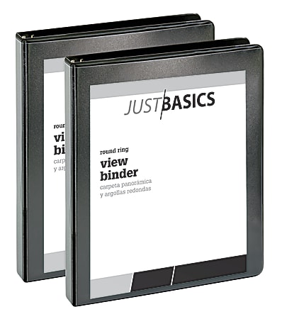 Just Basics® Economy View 3-Ring Binder, 1" Round Rings, 61% Recycled, Black, Pack Of 2