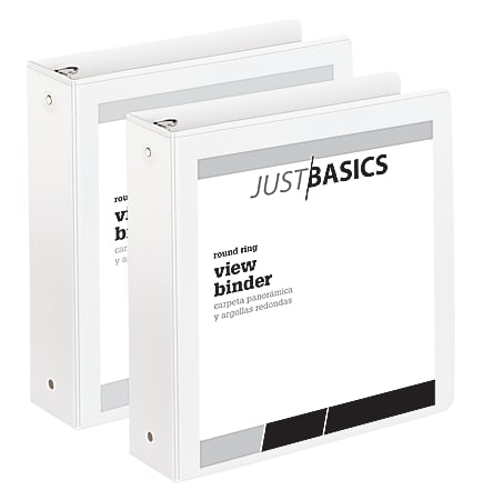 Just Basics® Economy View 3-Ring Binder, 2" Round Rings, 61% Recycled, White, Pack Of 2