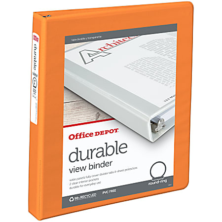 Office Depot® Brand Durable View 3-Ring Binder, 1" Round Rings, 49% Recycled, Orange