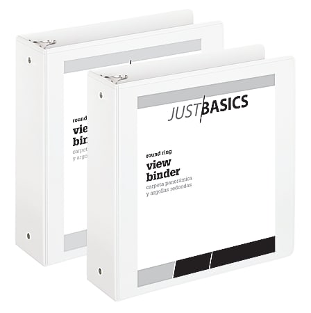 Just Basics® Economy View 3-Ring Binder, 3" Round Rings, 61% Recycled, White, Pack Of 2