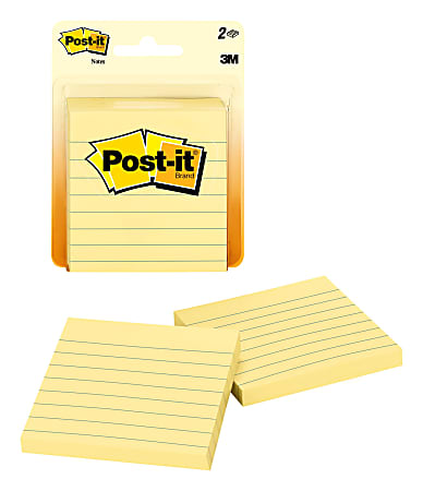 Post-it® Notes, 3 in x 3 in, 2 Pads, 100 Sheets/Pad, Clean Removal, Canary Yellow, Lined