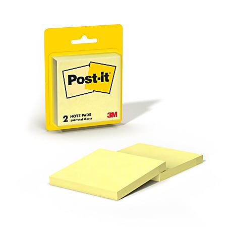Post-it® Notes, 3 x 3 in, 2 Lined Sticky Note Pads, 100 Sheets/Pad, Sticky Notes for Vertical Surfaces, Monitors and Walls, Canary Yellow