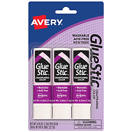 Avery® Glue Stic Disappearing Color Permanent Glue Sticks, Pack Of 3