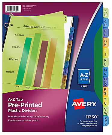 Avery® Preprinted Plastic Dividers, A-Z, 12-Tab,  Multicolor, 1 Set