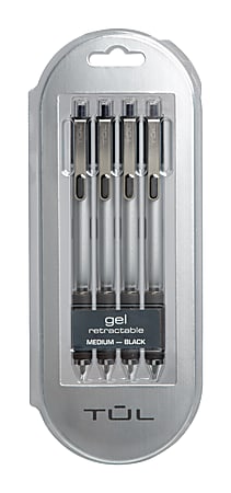 TUL® GL Series Retractable Gel Pens, Medium Point, 0.7 mm, Silver Barrel, Black Ink, Pack Of 4 Pens