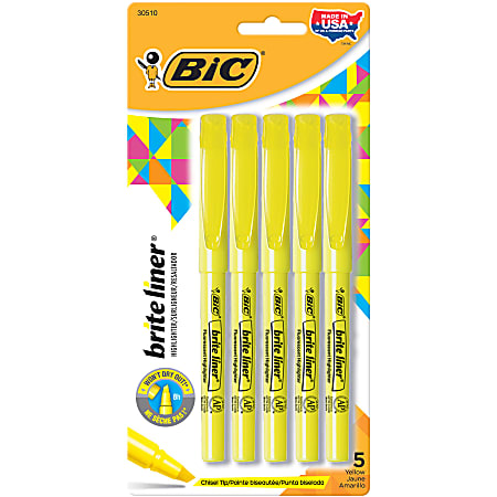 BIC® Brite Liner Highlighters, Chisel Point, Yellow, Pack Of 5 Highlighters