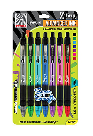 Zebra® Z-Grip™ Retractable Neon Pens, 1.0 mm, Neon Translucent Barrel, Assorted Colors, Pack Of 7