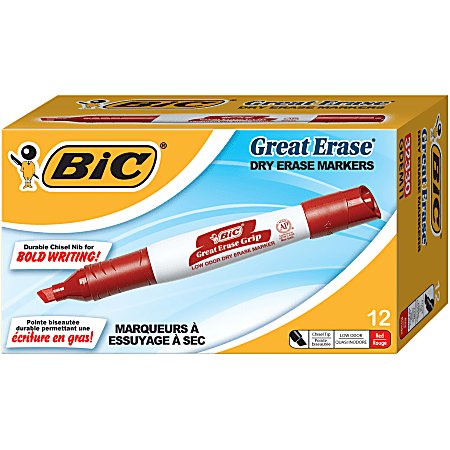 BIC® Great Erase® Grip Dry-Erase Markers, Chisel Point, Red Ink, Pack Of 12