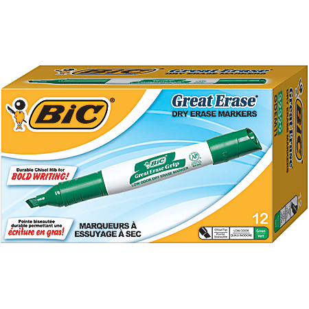 BIC® Great Erase® Grip Dry-Erase Markers, Chisel Point, Green Ink, Pack Of 12