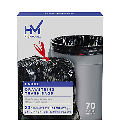 Highmark™ Large Drawstring Trash Bags, 0.7 mil, 33 Gallon, Black, Box Of 70 Bags