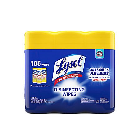 Lysol® Disinfecting Wipes, Lemon & Lime Blossom® Scent, 7" x 8", 35 Wipes Per Canister, Case Of 3 Canisters