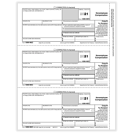 ComplyRight™ 1099-NEC Tax Forms, 3-Up, Recipient Copy B, Laser, 8-1/2" x 11", Pack Of 150 Forms